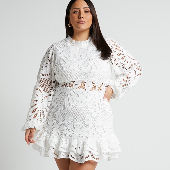 KISS ME NOW MINI DRESS - LONG PUFF SLEEVE DRESS IN WHITE LACE - Picture 2 of 11
